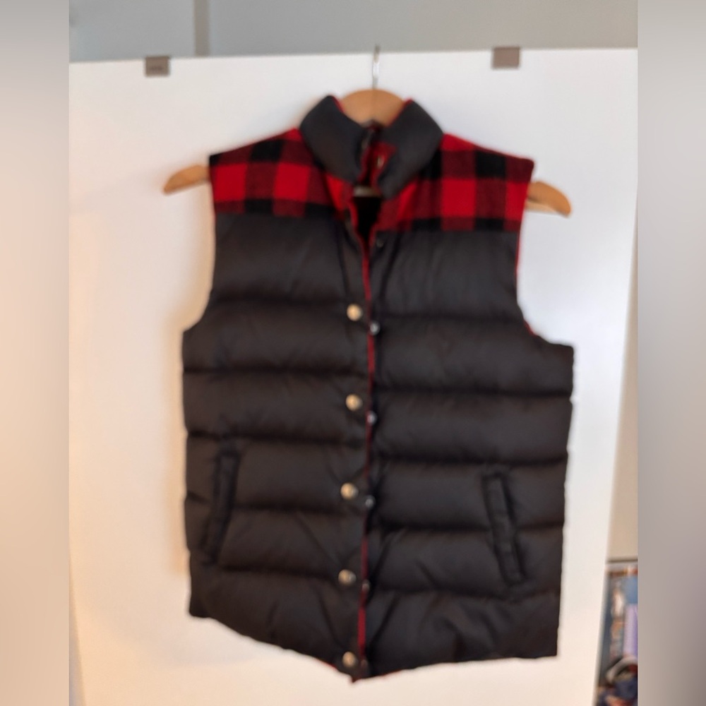 Black Quilted Puffer Vest with Red Buffalo Plaid Yoke